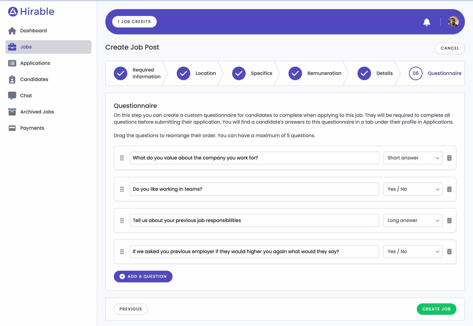 Custom questionnaire for job posts