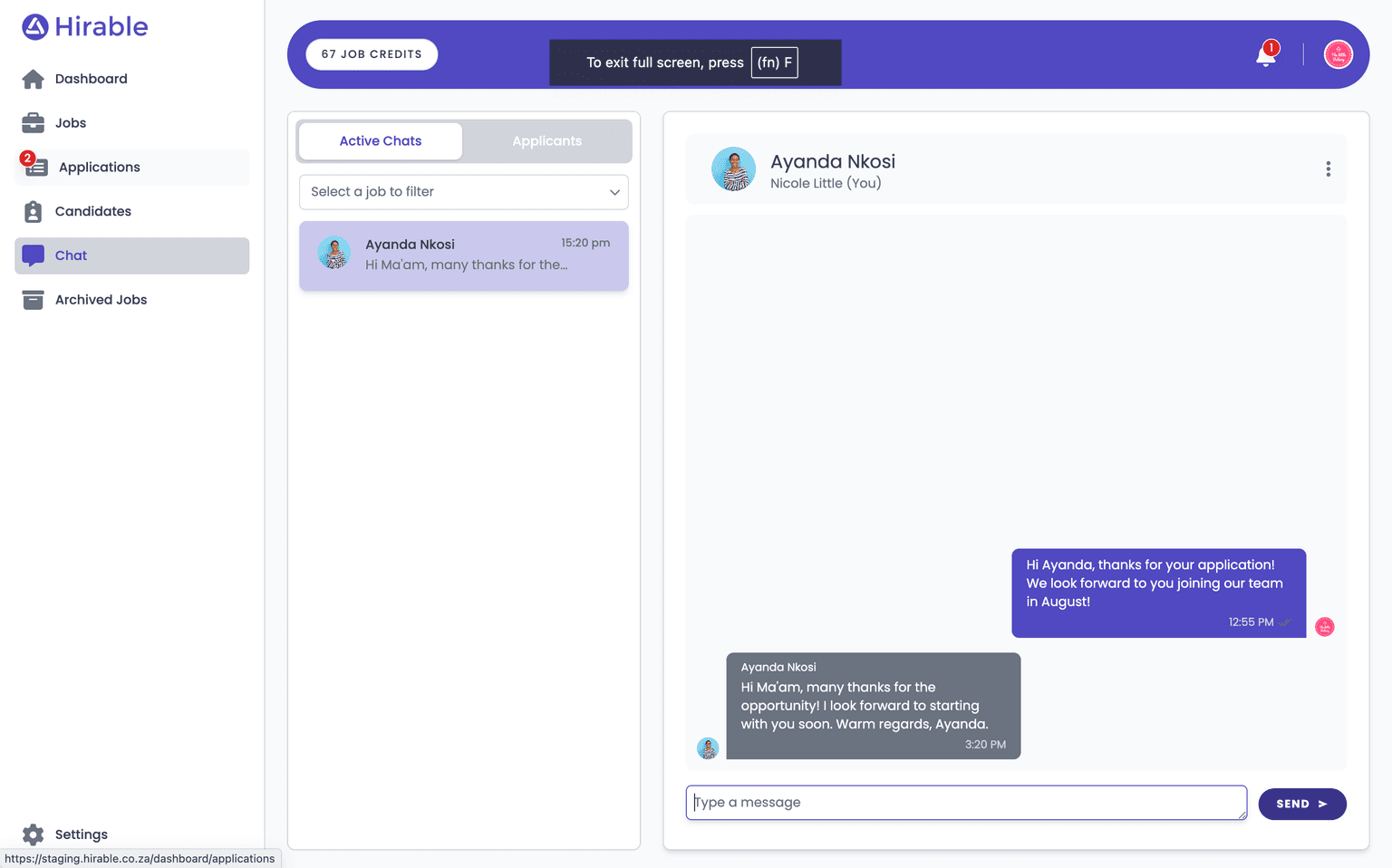 Live chat with candidates
