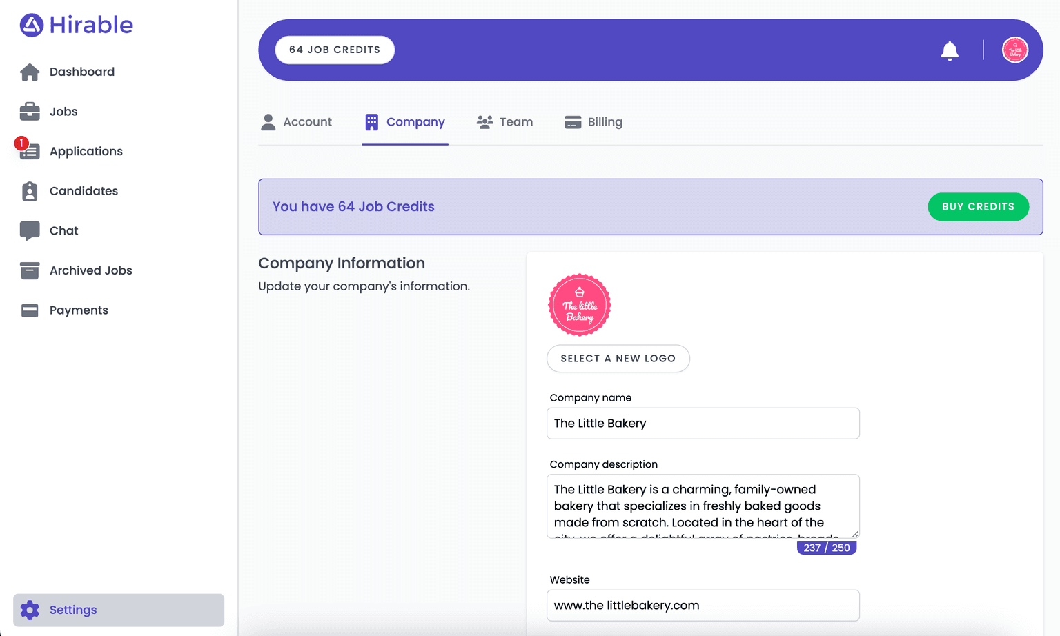 Creating a company profile on Hirable