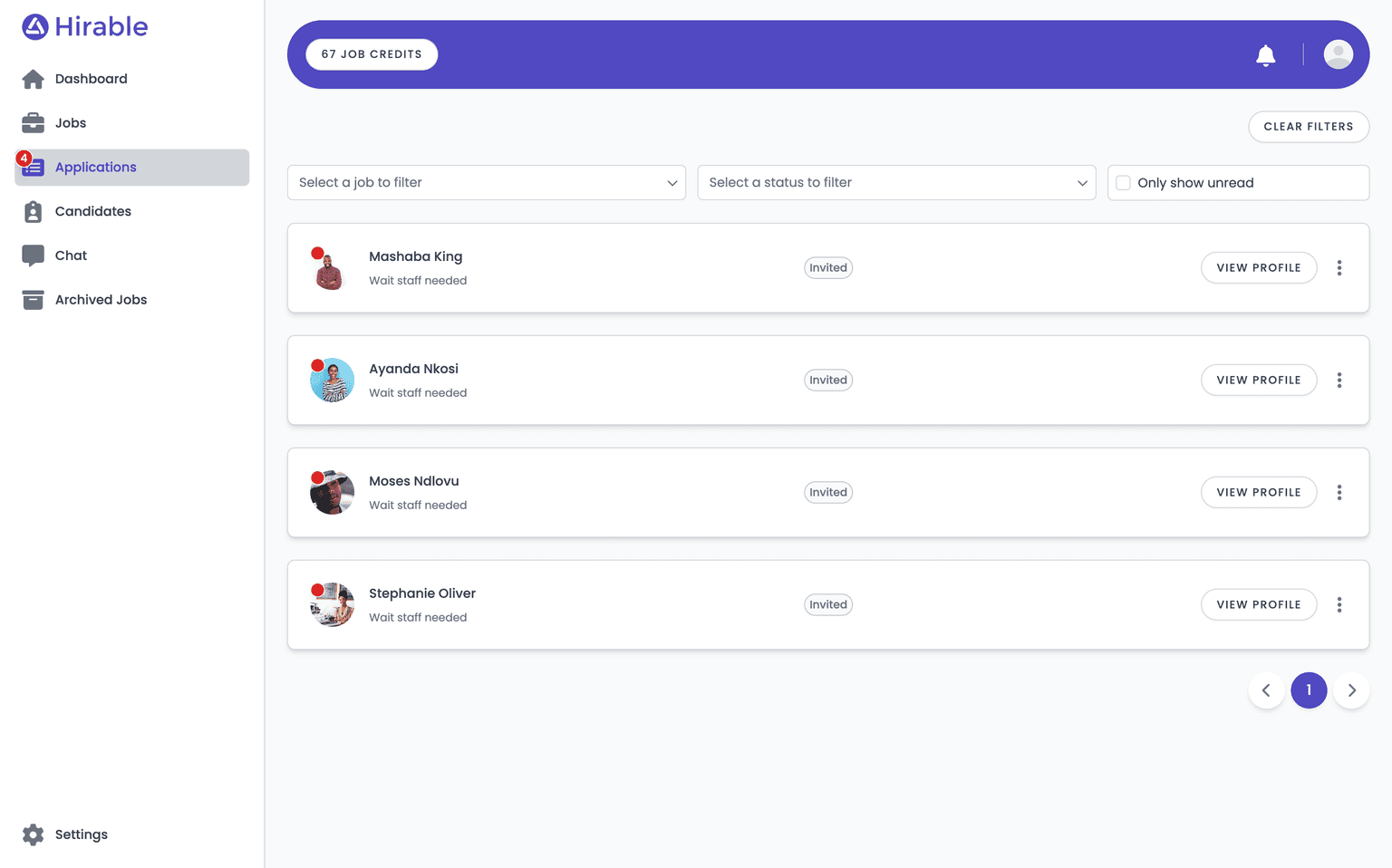 Managing job applications on Hirable